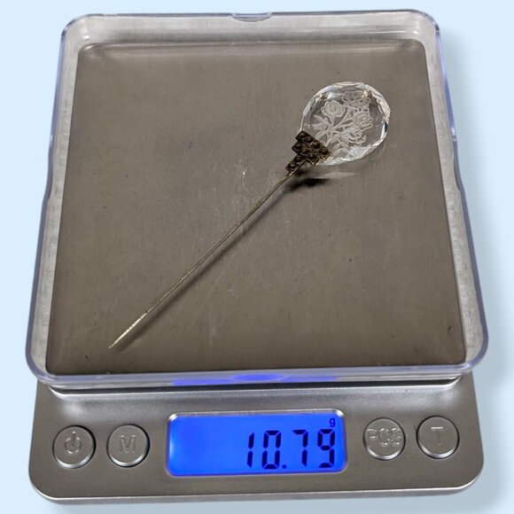 Antique Art Deco Etched Crystal Floral Hat Pin - Picture 7 of 8